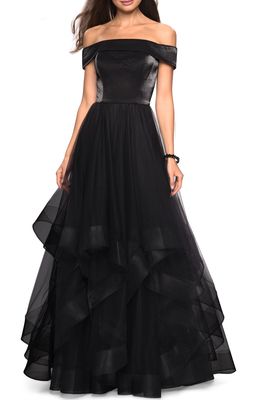La Femme Off the Shoulder Evening Dress in Black