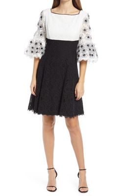 Shani Sequin Lace Empire Waist Cotton Blend Cocktail Dress in Black/white