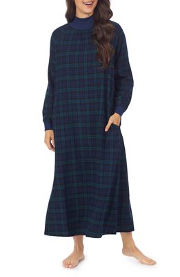 Lanz of Salzburg Mock Neck Long Sleeve Flannel Nightgown in Dark Blue Plaid