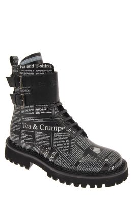 John Galliano Paris Gazette Print Combat Boot in Black