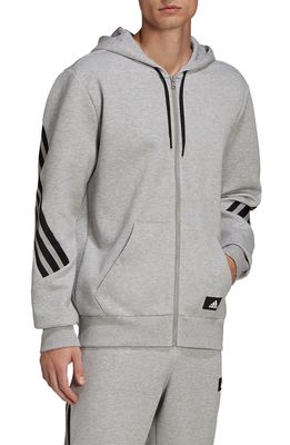 adidas 3-Stripes Front Zip Fleece Hoodie in Medium Grey Heather