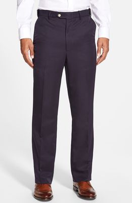 Berle Self Sizer Waist Flat Front Classic Fit Microfiber Trousers in Navy