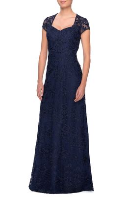 La Femme Embellished Lace Gown in Navy