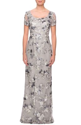 La Femme Sequin Lace Embroidered Gown in Silver