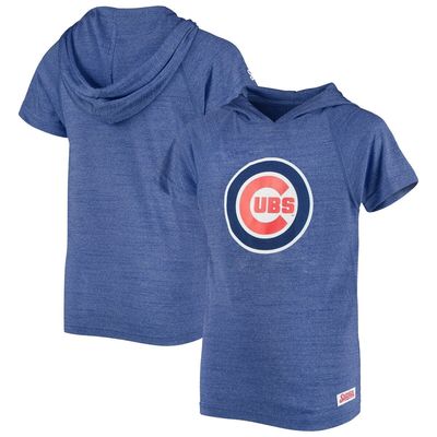 Youth Stitches Heathered Royal Chicago Cubs Raglan Short Sleeve Pullover Hoodie in Heather Royal