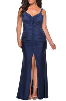 La Femme Ruched Jersey Gown in Navy