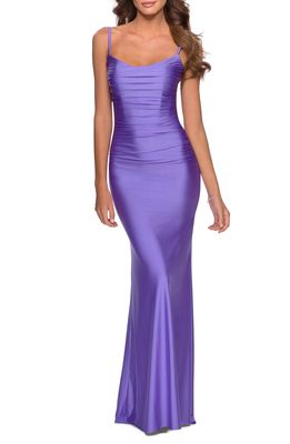 La Femme Strappy Back Ruched Trumpet Gown in Periwinkle