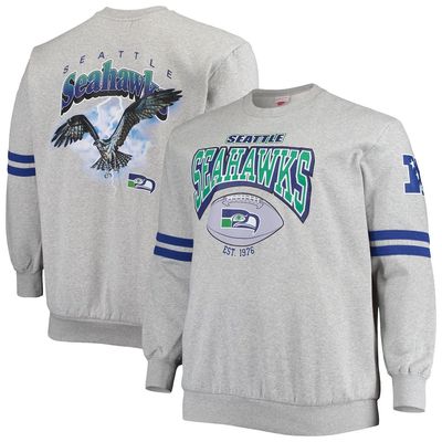 Men's Mitchell & Ness Heathered Gray Seattle Seahawks Big & Tall Allover Print Pullover Sweatshirt in Heather Gray