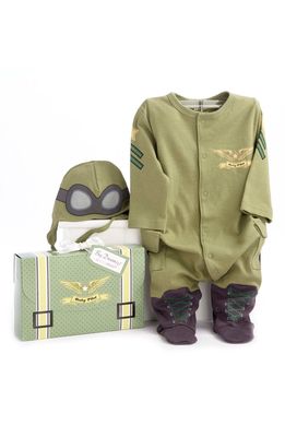 Baby Aspen Big Dreamzzz Pilot 2-Piece Cotton Romper & Hat Gift Set in Green