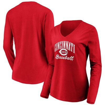 Women's Fanatics Branded Red Cincinnati Reds Victory Script V-Neck Long Sleeve T-Shirt