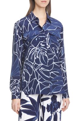 Lafayette 148 New York Zora Leaf Print Silk Shirt in Royal Blue Multi