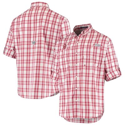 Men's Columbia White/Crimson Oklahoma Sooners Gingham Collegiate Super Tamiami Omni-Shade Long Sleeve Button-Down Shirt