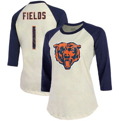 Majestic Threads Women's Fanatics Branded Justin Fields Cream/Navy Chicago Bears Player Name & Number Raglan 3/4-Sleeve T-Shirt