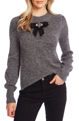 CeCe Jeweled Bow Detail Sweater in Smoke Grey