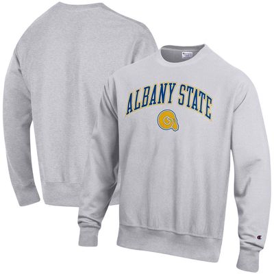 Men's Champion Heathered Gray Albany State Golden Rams Arch Over Logo Reverse Weave Pullover Sweatshirt in Heather Gray