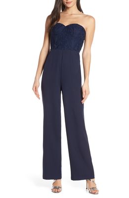 Chi Chi London Naomi Embroidered Bodice Strapless Jumpsuit in Navy
