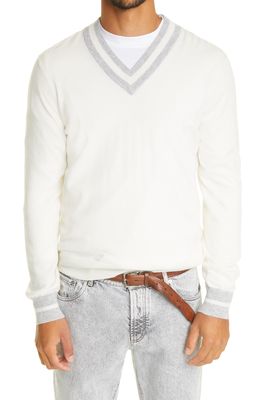 Brunello Cucinelli Stripe V-Neck Cashmere Sweater in White