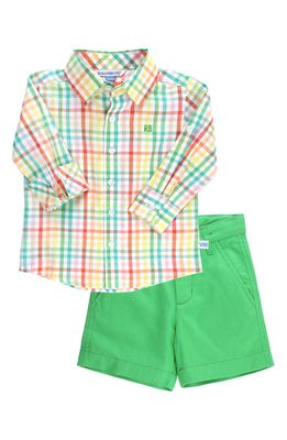 RuggedButts Rainbow Gingham Button-Up Shirt & Chino Shorts Set in Green