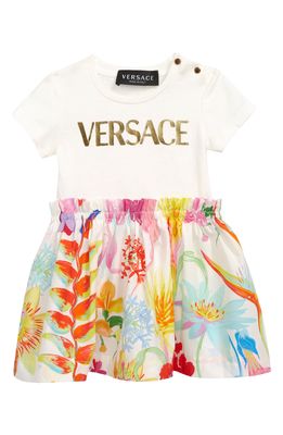 Versace Kids' Jardin Print Mixed Media Dress in Bianco Multicolor Oro