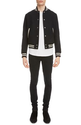 Saint Laurent Teddy Logo Patch Wool Blend Bomber Jacket in Black