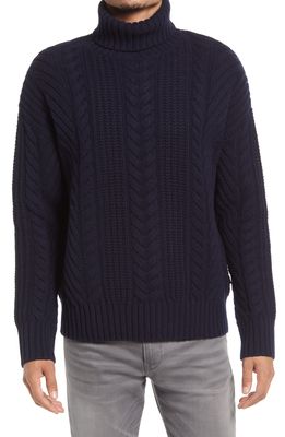 BOSS Nannos Cable Knit Wool Turtleneck Sweater in Dark Blue