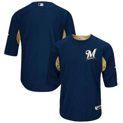 Men's Majestic Navy/Gold Milwaukee Brewers Authentic Collection On-Field 3/4-Sleeve Batting Practice Jersey