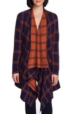 Chaus Plaid Long Double Knit Cardigan in Evening Navy