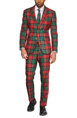 OppoSuits Trendy Tartan Plaid Trim Fit Suit & Tie in Red/Green
