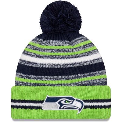 Youth New Era College Navy/Neon Green Seattle Seahawks 2021 NFL Sideline Sport Pom Cuffed Knit Hat
