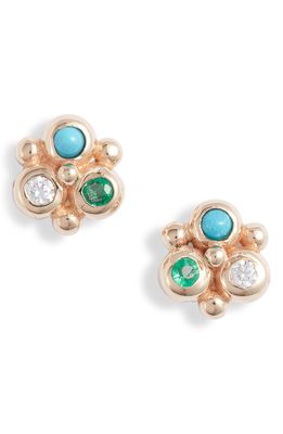 Anzie Dew Drop Mini Fleur Stud Earrings in Yellow Gold/Green/Blue