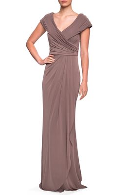 La Femme Ruched Jersey Column Gown in Cocoa