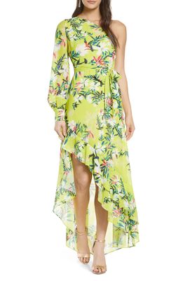 One33 Social Tropical Print One-Shoulder Long Sleeve High-Low Gown in Bright Lime
