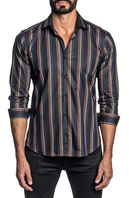Jared Lang Regular Fit Stripe Button-Up Shirt in Black Navy Stripe