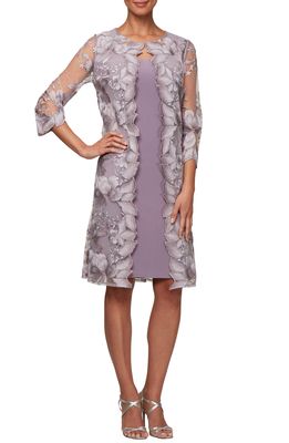 Alex Evenings Embroidered Mock Jacket Cocktail Dress in Smokey Orchid
