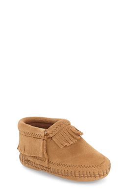 Minnetonka 'Riley' Fringe Suede Bootie in Taupe Suede