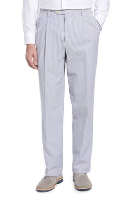 Berle Pleated Seersucker Cotton Dress Pants in Blue