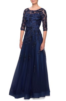 La Femme Embellished Lace A-Line Gown in Navy