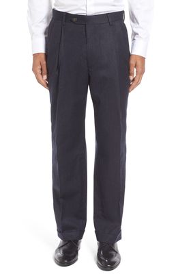 Berle Lightweight Flannel Pleated Classic Fit Dress Trousers in Heather Navy