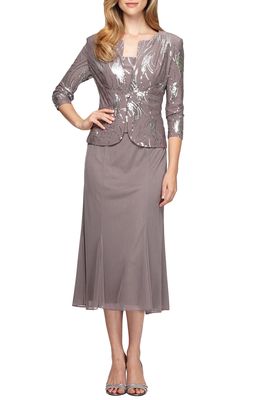 Alex Evenings Sequin Midi Dress with Jacket in Pewter Frost