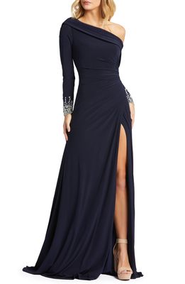 Mac Duggal One-Shoulder Long Sleeve Jersey Gown in Midnight