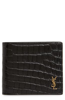Saint Laurent East/West Croc Embossed Leather Bifold Wallet in Black