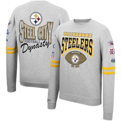 Men's Mitchell & Ness Heathered Gray Pittsburgh Steelers Allover Print Fleece Pullover Sweatshirt in Heather Gray
