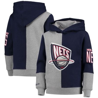 Youth Mitchell & Ness Blue/Heathered Gray New Jersey Nets Hardwood Classics Split Color Fleece Pullover Hoodie