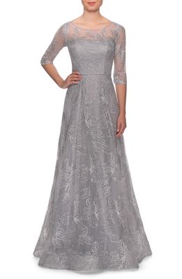 La Femme Sequin Embroidered A-Line Gown in Silver
