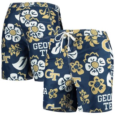 Men's Wes & Willy Navy Georgia Tech Yellow Jackets Floral Volley Logo Swim Trunks