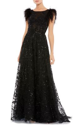 Mac Duggal Feather Cap Sleeve A-Line Gown in Black