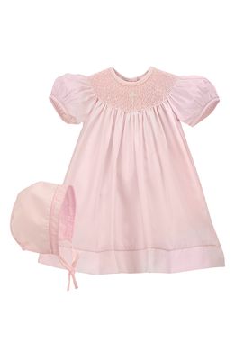 Carriage Boutique Imitation Pearl Cross Christening Gown & Bonnet Set in Pink