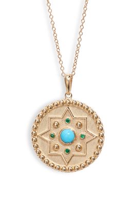 Anzie Dew Drop Mayan Turquoise & Emerald Disc Pendant Necklace in Gold