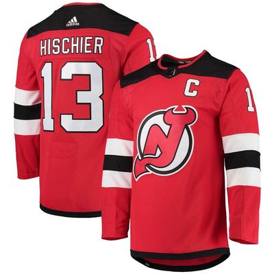 Men's adidas Nico Hischier Red New Jersey Devils Home Captain Patch Primegreen Authentic Pro Player Jersey
