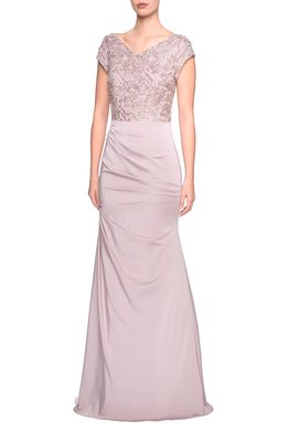 La Femme Embroidered Bodice Satin Evening Dress in Champagne